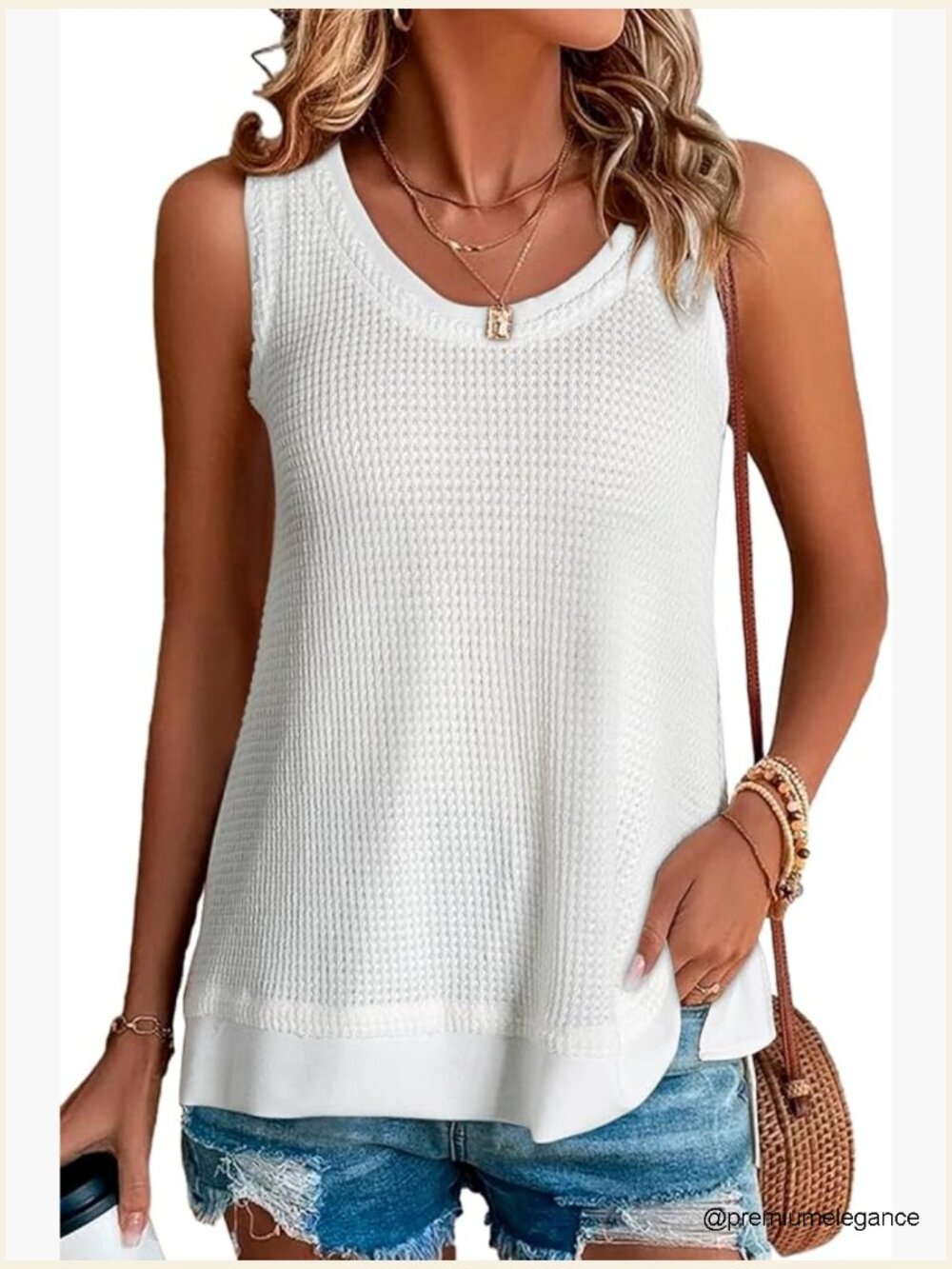 Scoop Neck Waffle Knit Tank Top - Loose Fit Sleeveless Tunic